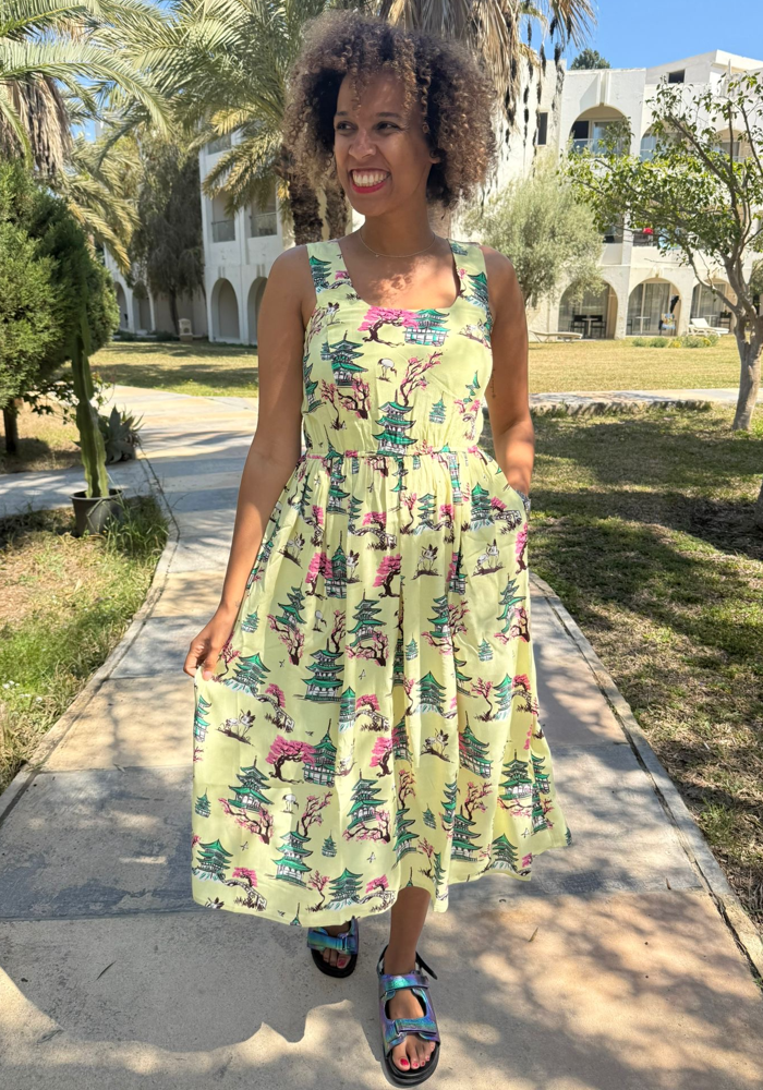 Front view of Lisa Zen Garden Print Midi Dress