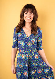 Yolanda Tile Floral Print Cotton Midi Dress