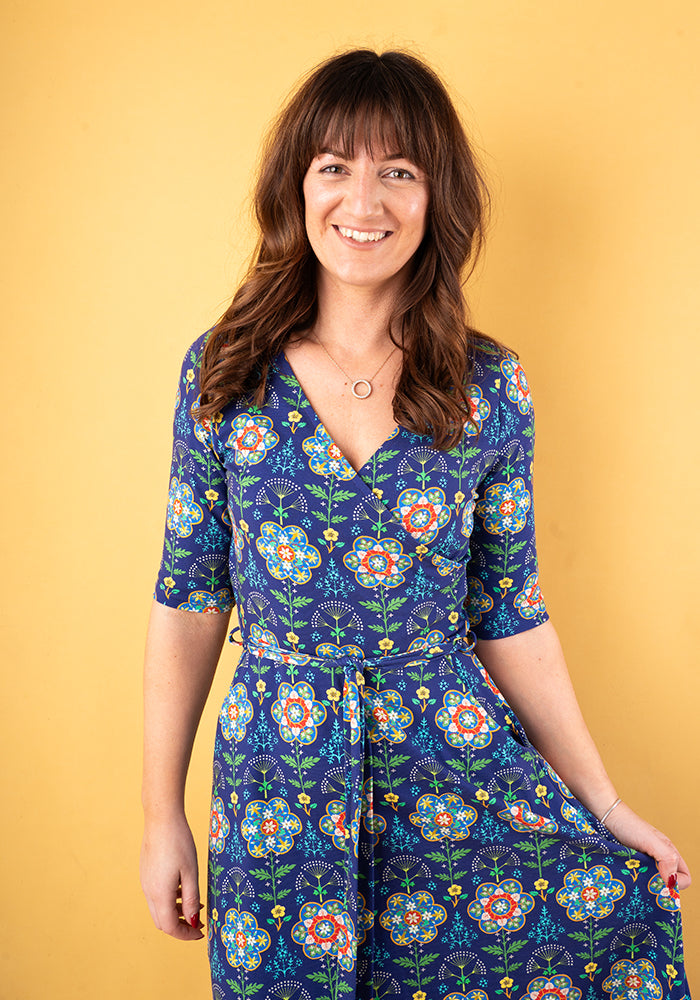 Yolanda Tile Floral Print Cotton Midi Dress