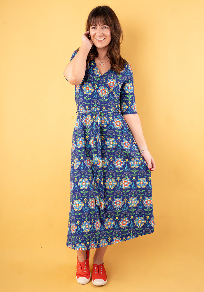 Yolanda Tile Floral Print Cotton Midi Dress
