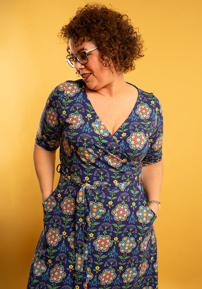 Yolanda Tile Floral Print Cotton Midi Dress