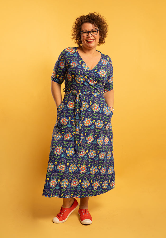Yolanda Tile Floral Print Cotton Midi Dress