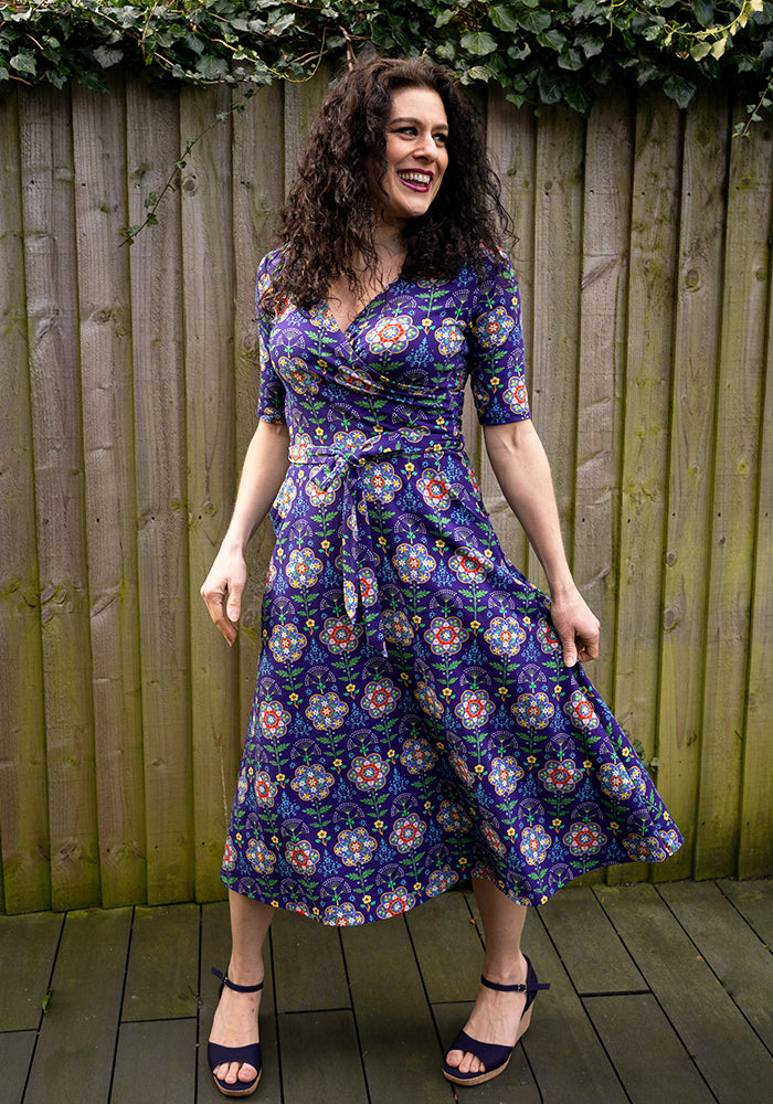 Yolanda Tile Floral Print Cotton Midi Dress