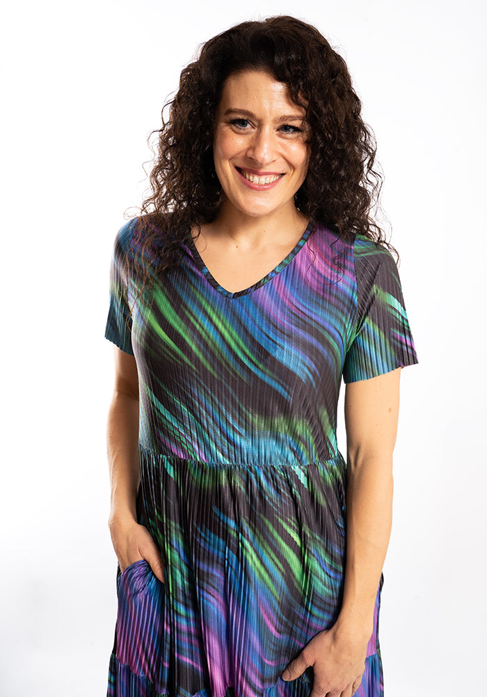 Eighth angle of Zahira Inky Swirl Print Tiered Hem Dress