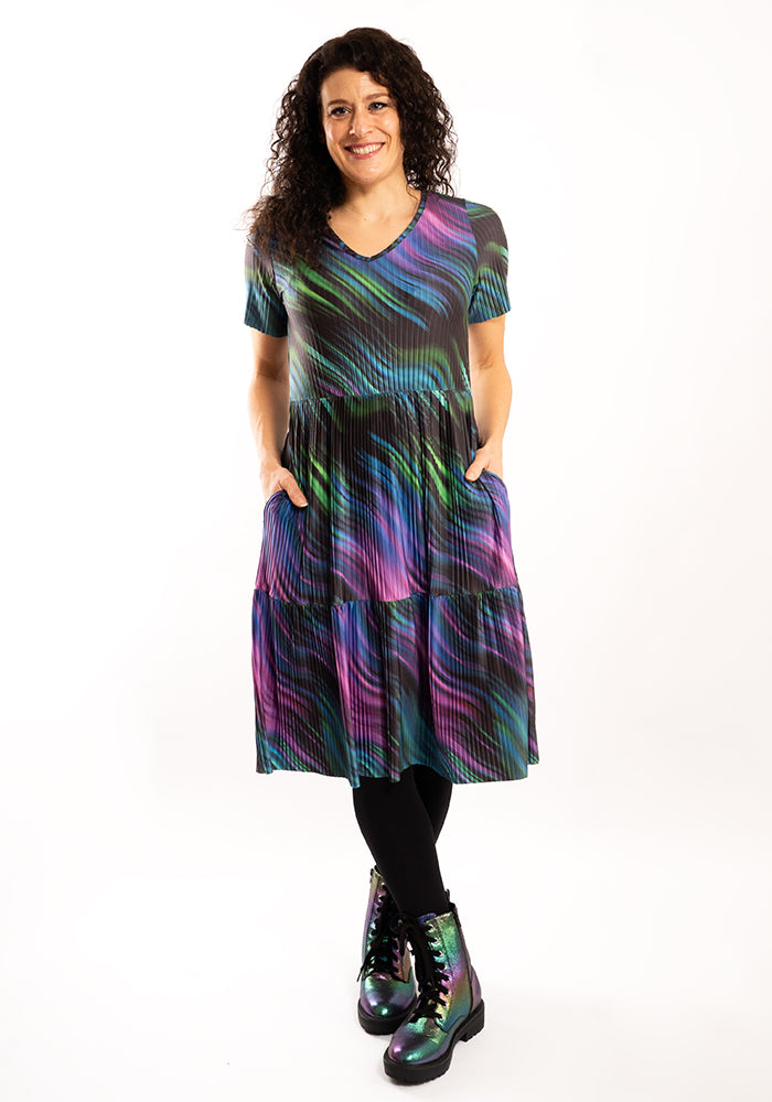 Third angle of Zahira Inky Swirl Print Tiered Hem Dress