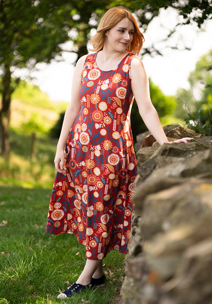 Zamara Floral Block Print Cotton Trapeze Midi Dress