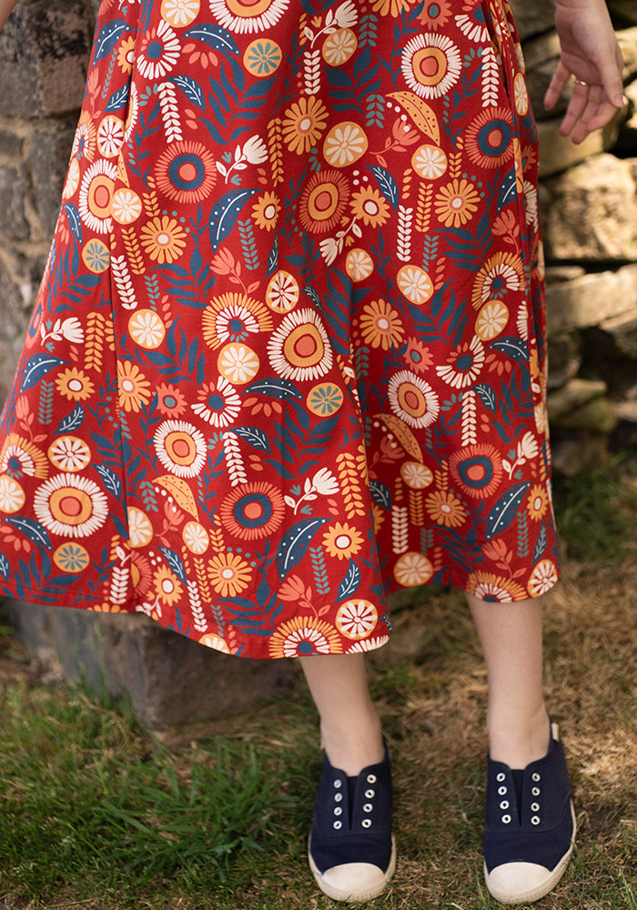 Zamara Floral Block Print Cotton Trapeze Midi Dress