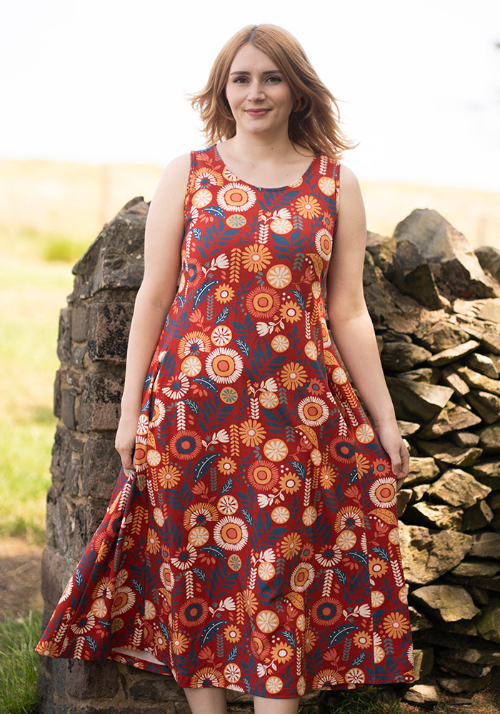 Zamara Floral Block Print Cotton Trapeze Midi Dress
