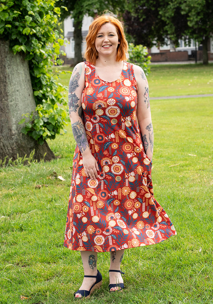 Zamara Floral Block Print Cotton Trapeze Midi Dress