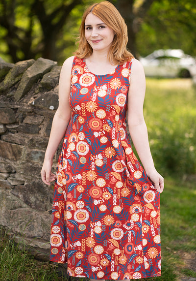 Zamara Floral Block Print Cotton Trapeze Midi Dress