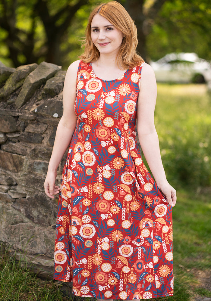 Zamara Floral Block Print Cotton Trapeze Midi Dress