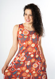 Zamara Floral Block Print Cotton Trapeze Midi Dress