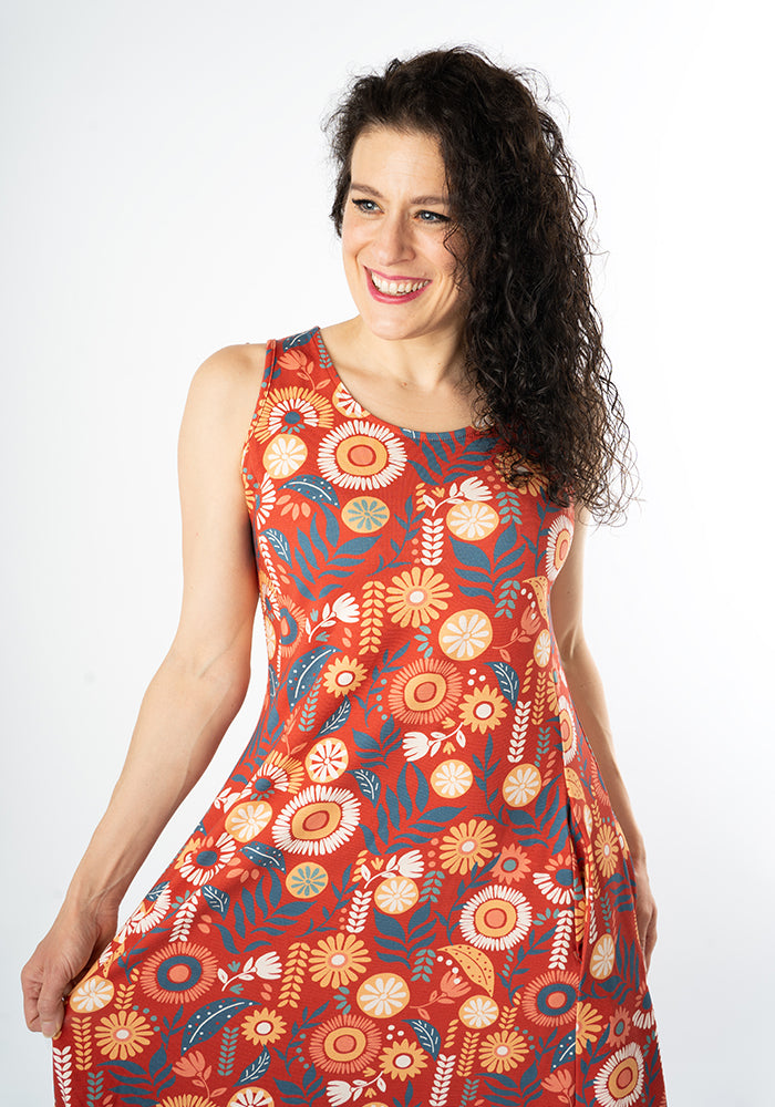 Zamara Floral Block Print Cotton Trapeze Midi Dress