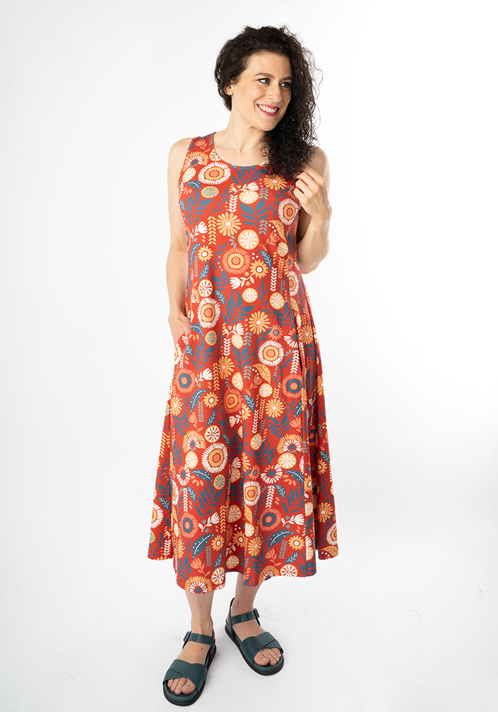Zamara Floral Block Print Cotton Trapeze Midi Dress