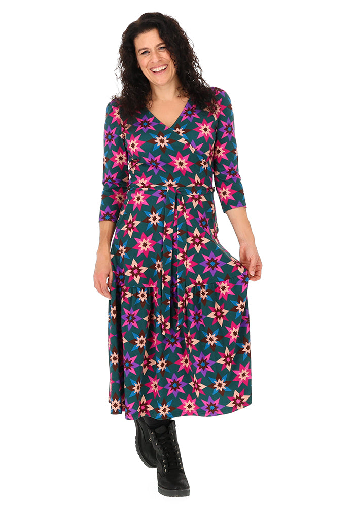 Zarielle Teal Retro Stars Print Cotton Midi Dress