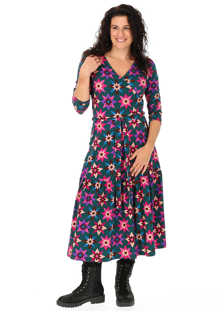 Zarielle Teal Retro Stars Print Cotton Midi Dress