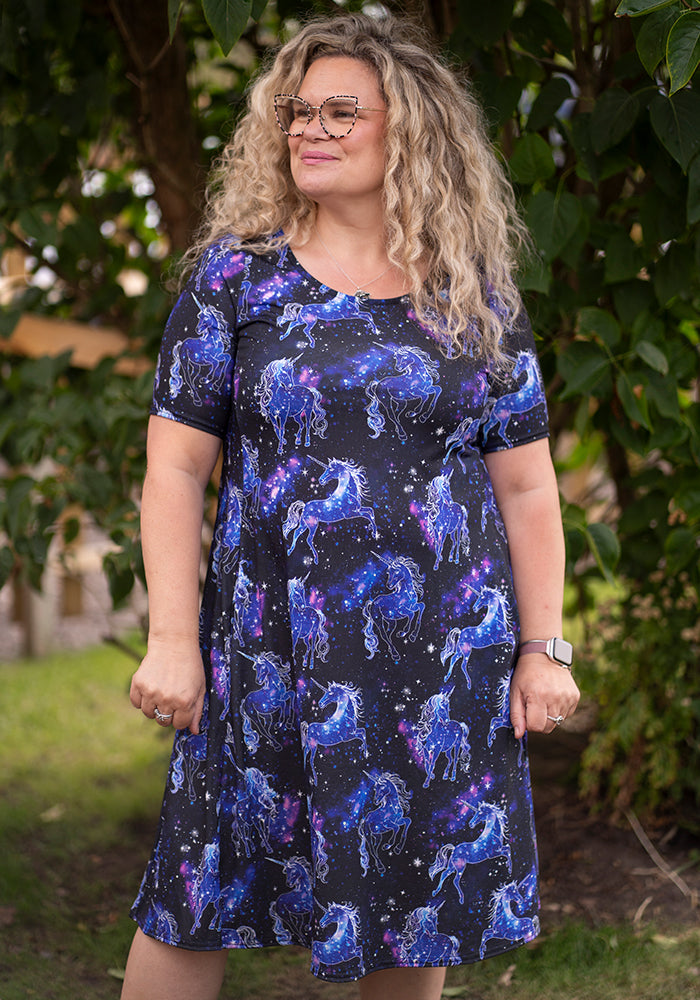 Front view of Zea Unicorn Galaxy Print Trapeze Dress