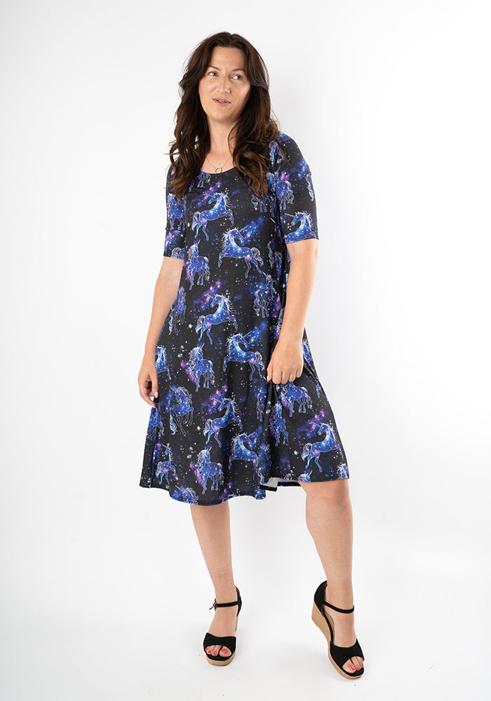 Third angle of Zea Unicorn Galaxy Print Trapeze Dress