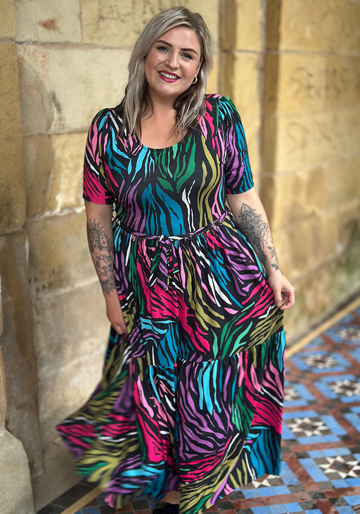 Zena Bright Animal Print Tiered Hem Midaxi Dress