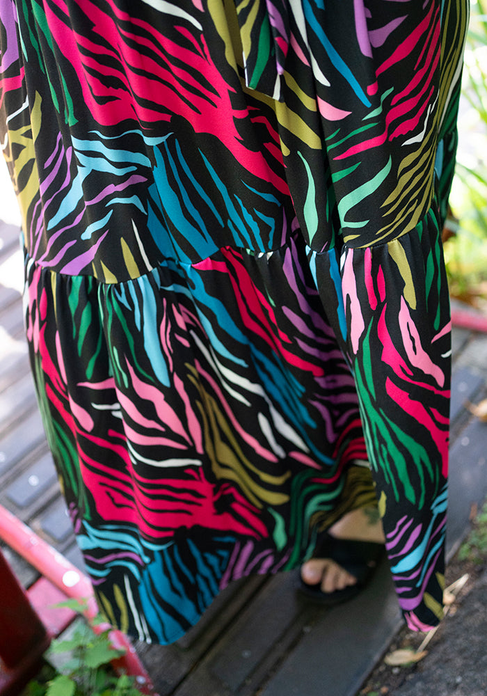 Sixth angle of Zena Bright Animal Print Tiered Hem Midaxi Dress