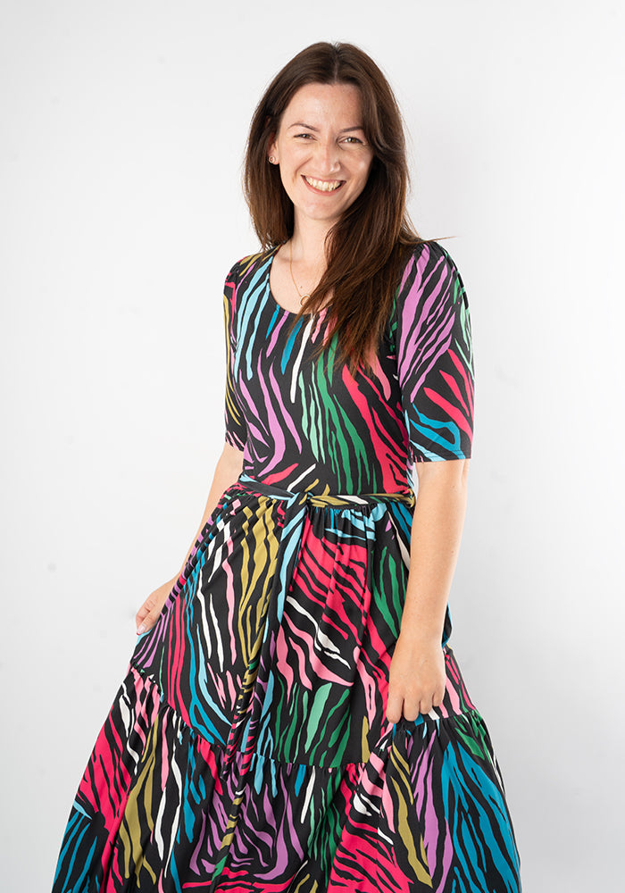 Seventh angle of Zena Bright Animal Print Tiered Hem Midaxi Dress