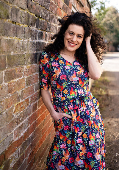 Zeta Fun Bright Chickens Print Midi Dress