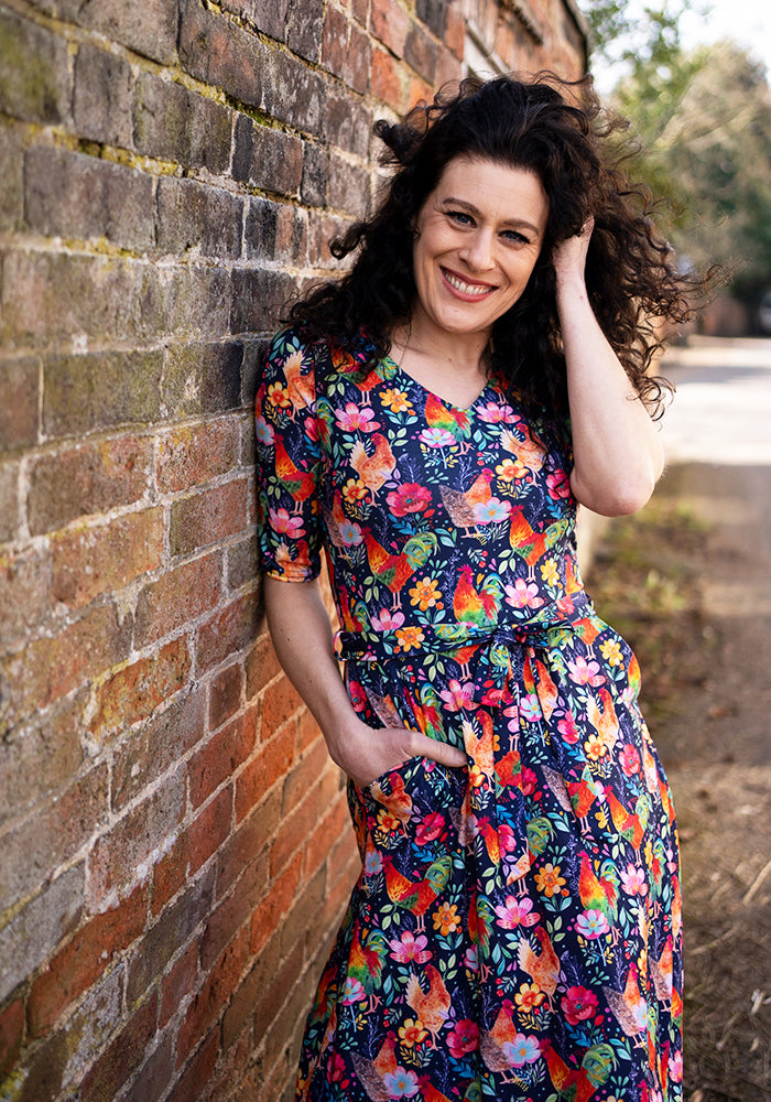Zeta Fun Bright Chickens Print Midi Dress