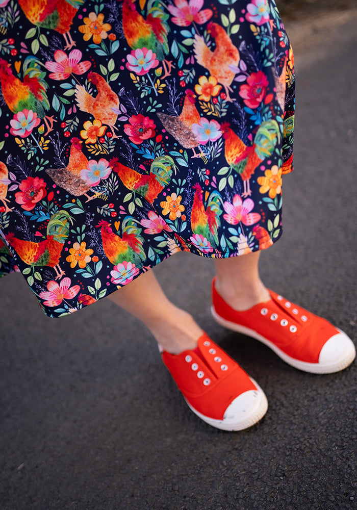 Zeta Fun Bright Chickens Print Midi Dress