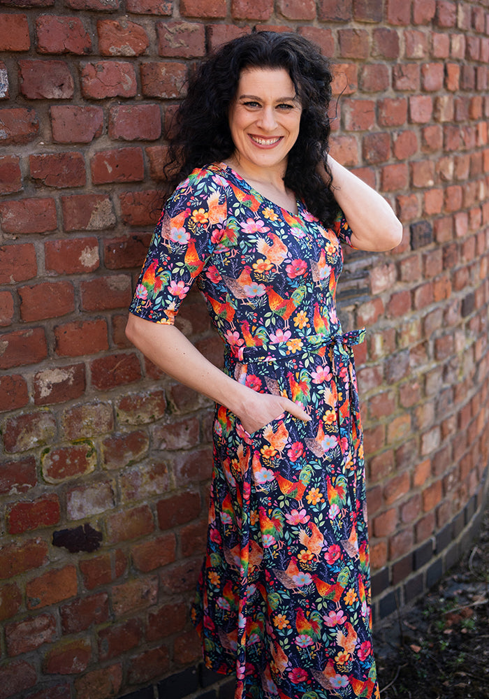 Zeta Fun Bright Chickens Print Midi Dress