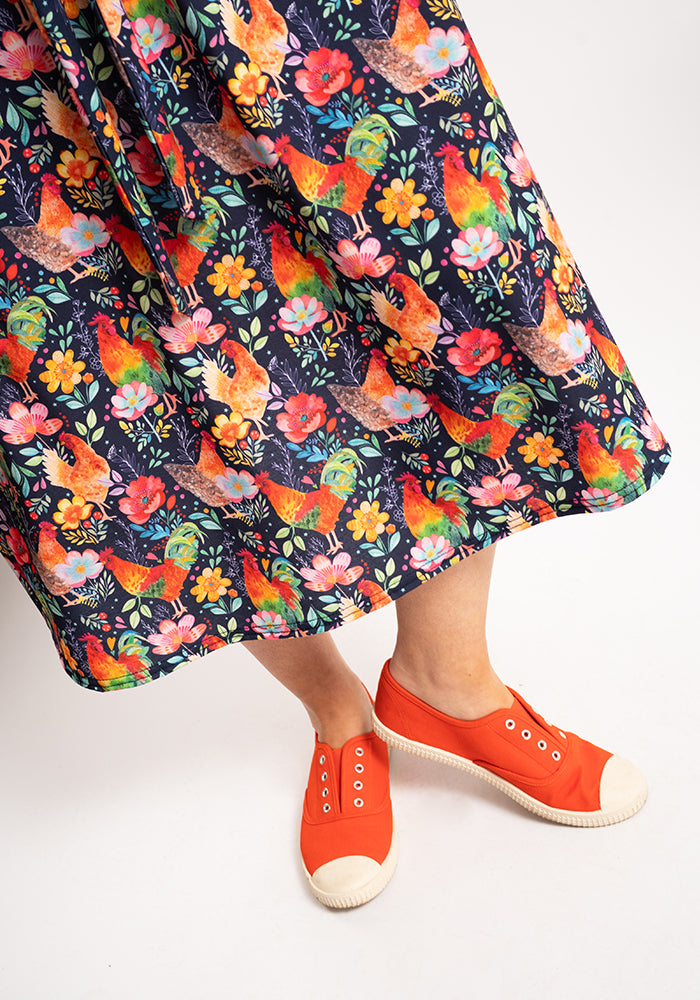 Zeta Fun Bright Chickens Print Midi Dress