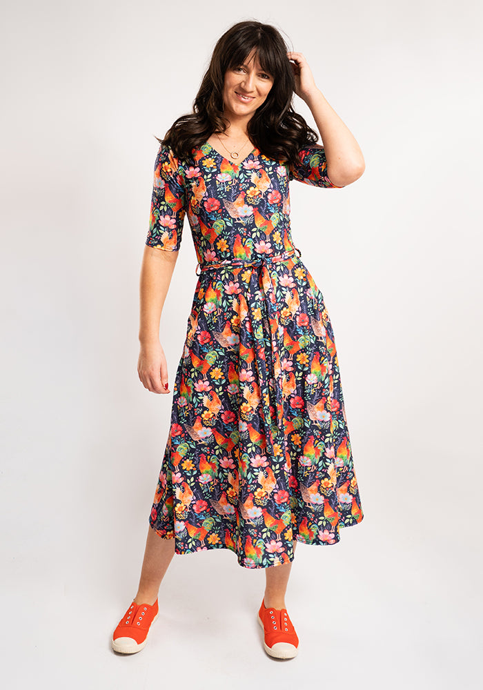 Zeta Fun Bright Chickens Print Midi Dress