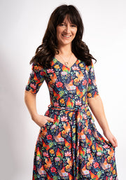 Zeta Fun Bright Chickens Print Midi Dress