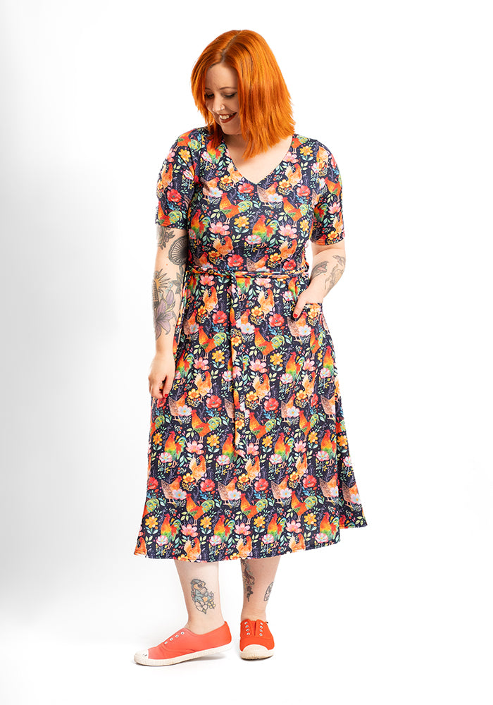 Zeta Fun Bright Chickens Print Midi Dress