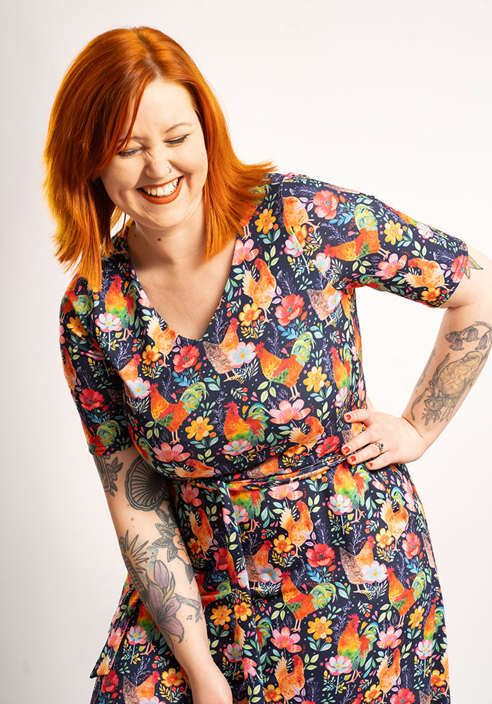Zeta Fun Bright Chickens Print Midi Dress