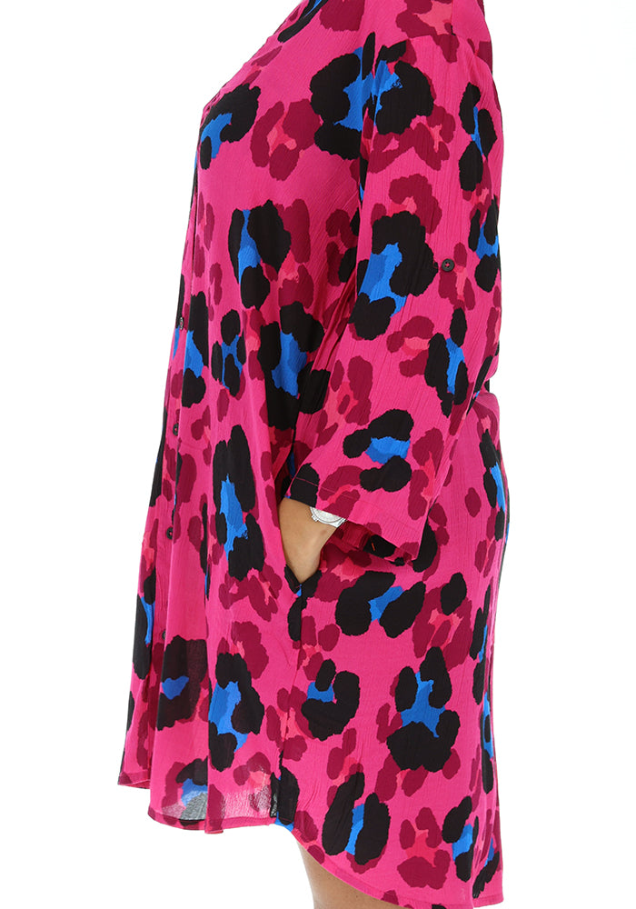 Fifth angle of Zinzi Pink Animal Print Woven Shirt Dress