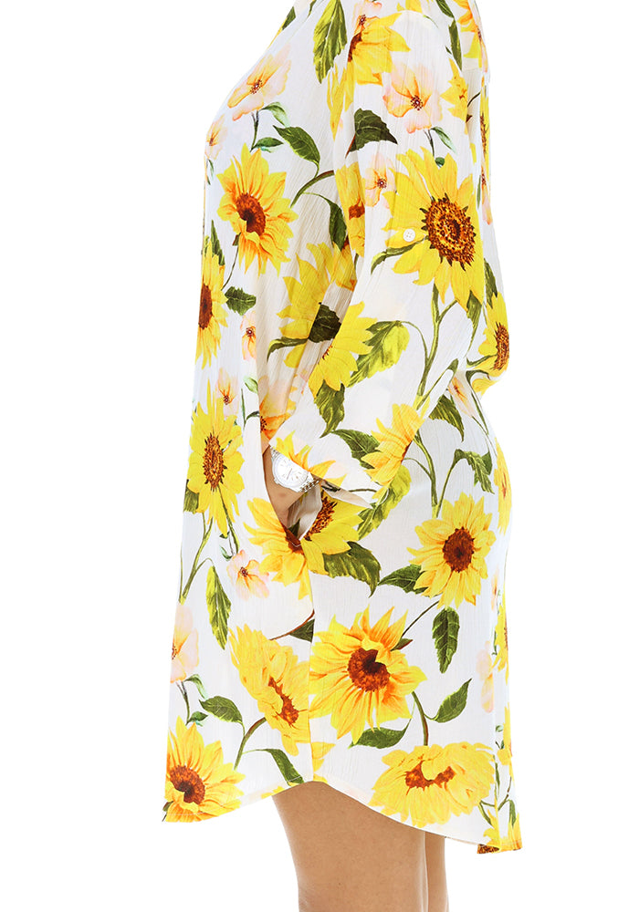 Fourth angle of Zinzi White Sunflower Print Woven Shirt Dress