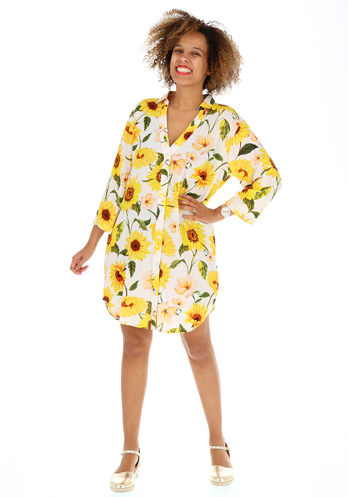 Third angle of Zinzi White Sunflower Print Woven Shirt Dress