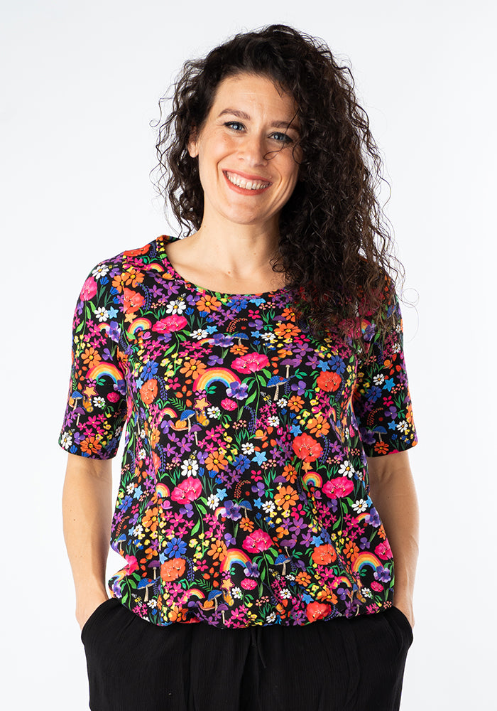 Zola Garden Rainbow Print Cotton Bubble Hem Top