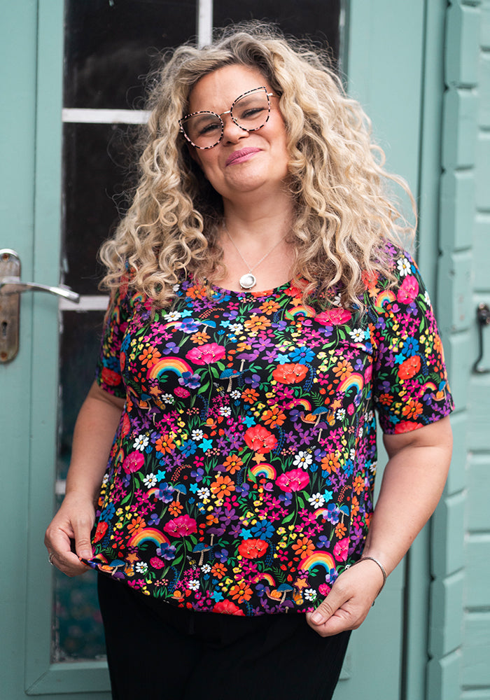Front view of Zola Garden Rainbow Print Cotton Bubble Hem Top