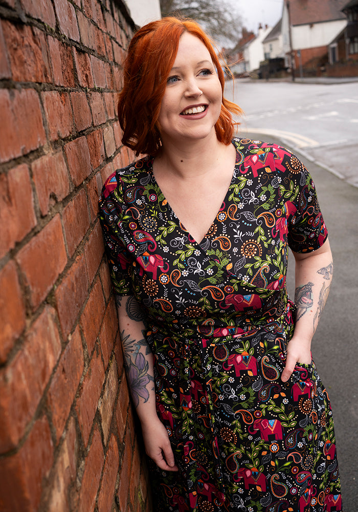 Front view of Zuri Elephant Paisley Print Midi Dress, our jersey is a smooth, stretchy fabric known for its comfort and ease.