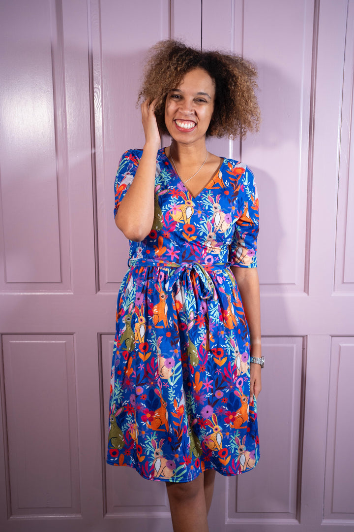 Front view of Petal Garden Bunnies Print Dress