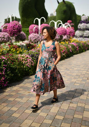 Vita Boho Patchwork Sleeveless Tiered Hem Cotton Midi Dress