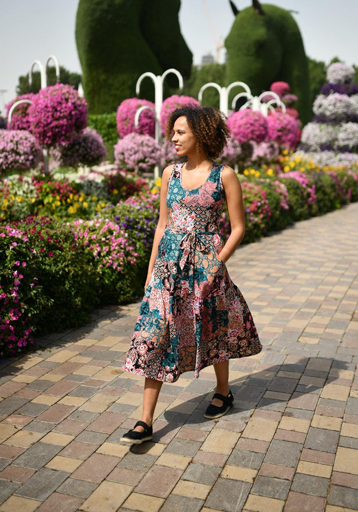 Vita Boho Patchwork Sleeveless Tiered Hem Cotton Midi Dress