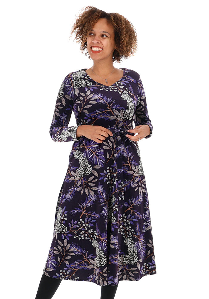 Allana Purple Snow Leopard Print Midi Dress