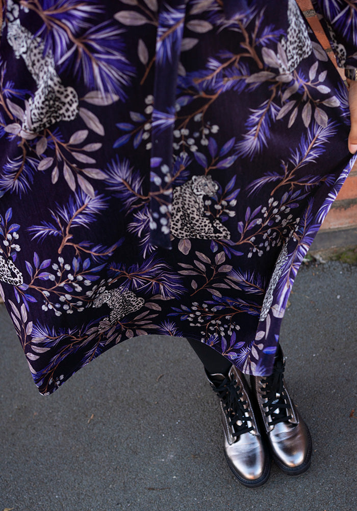Allana Purple Snow Leopard Print Midi Dress