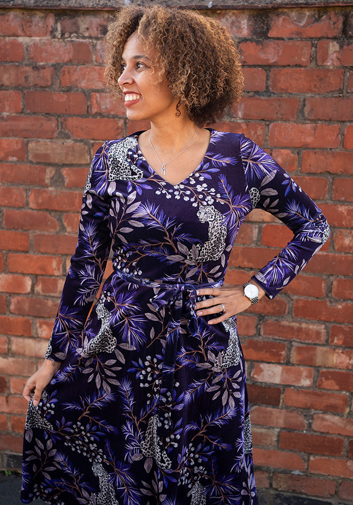 Allana Purple Snow Leopard Print Midi Dress
