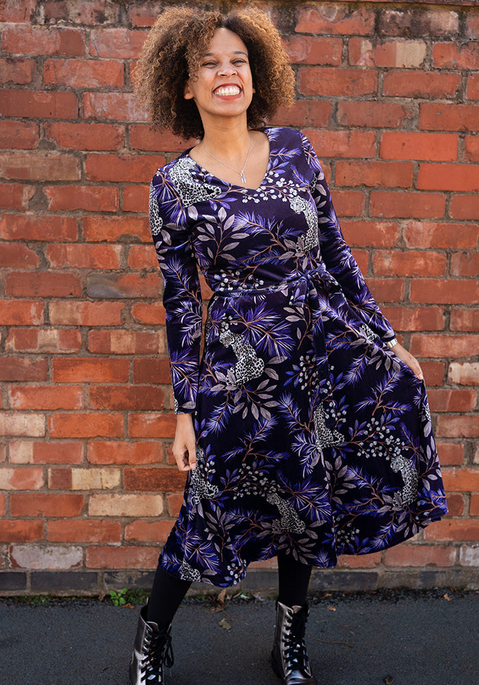 Allana Purple Snow Leopard Print Midi Dress