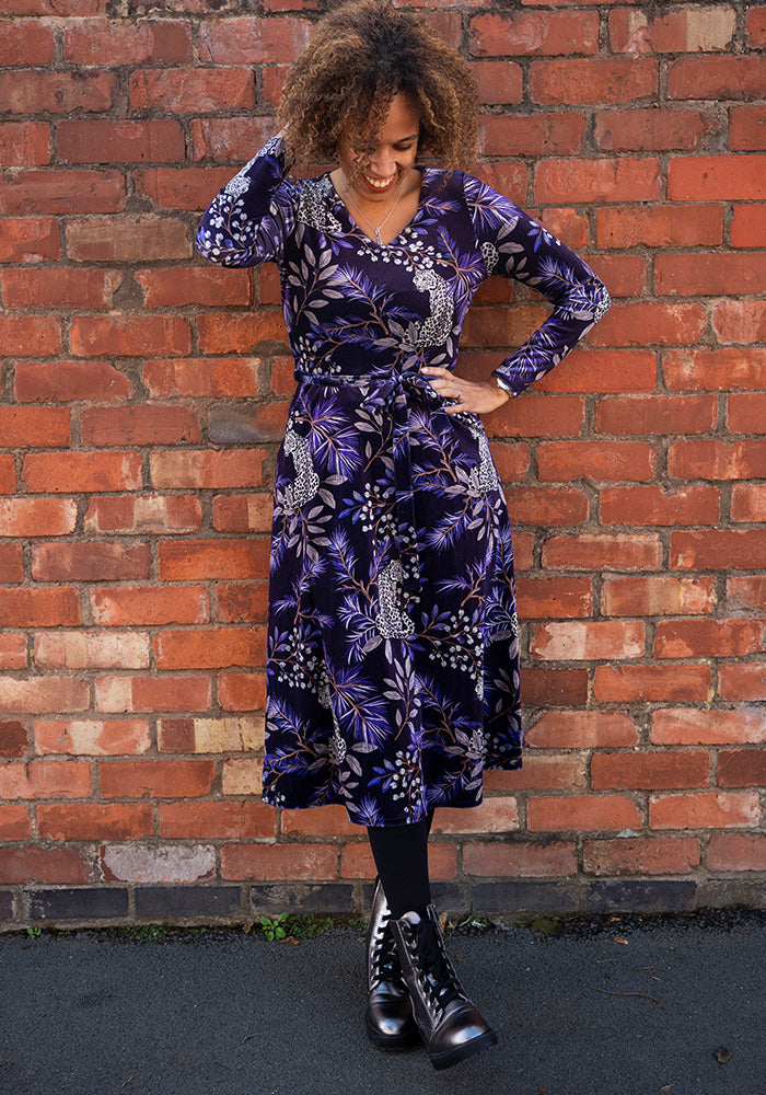 Allana Purple Snow Leopard Print Midi Dress
