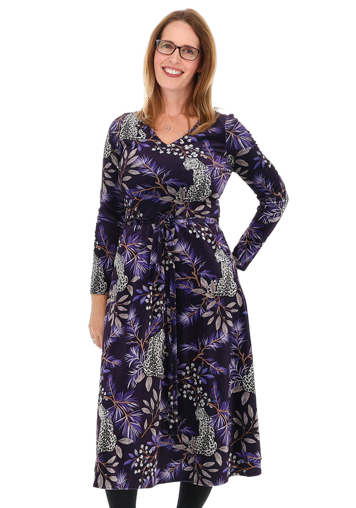 Allana Purple Snow Leopard Print Midi Dress
