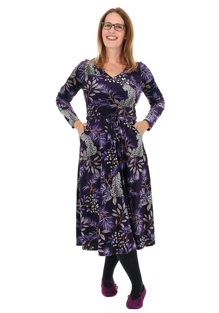 Allana Purple Snow Leopard Print Midi Dress